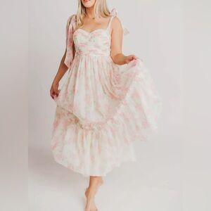 Ruched floral midi dress with ties at shoulders